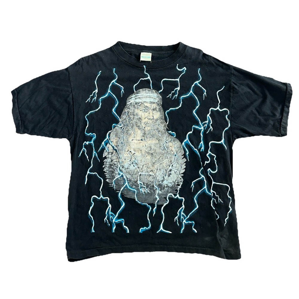 Vintage 80s 90s American Thunder Rebel Indian Shirt Blue Lighting Size Large